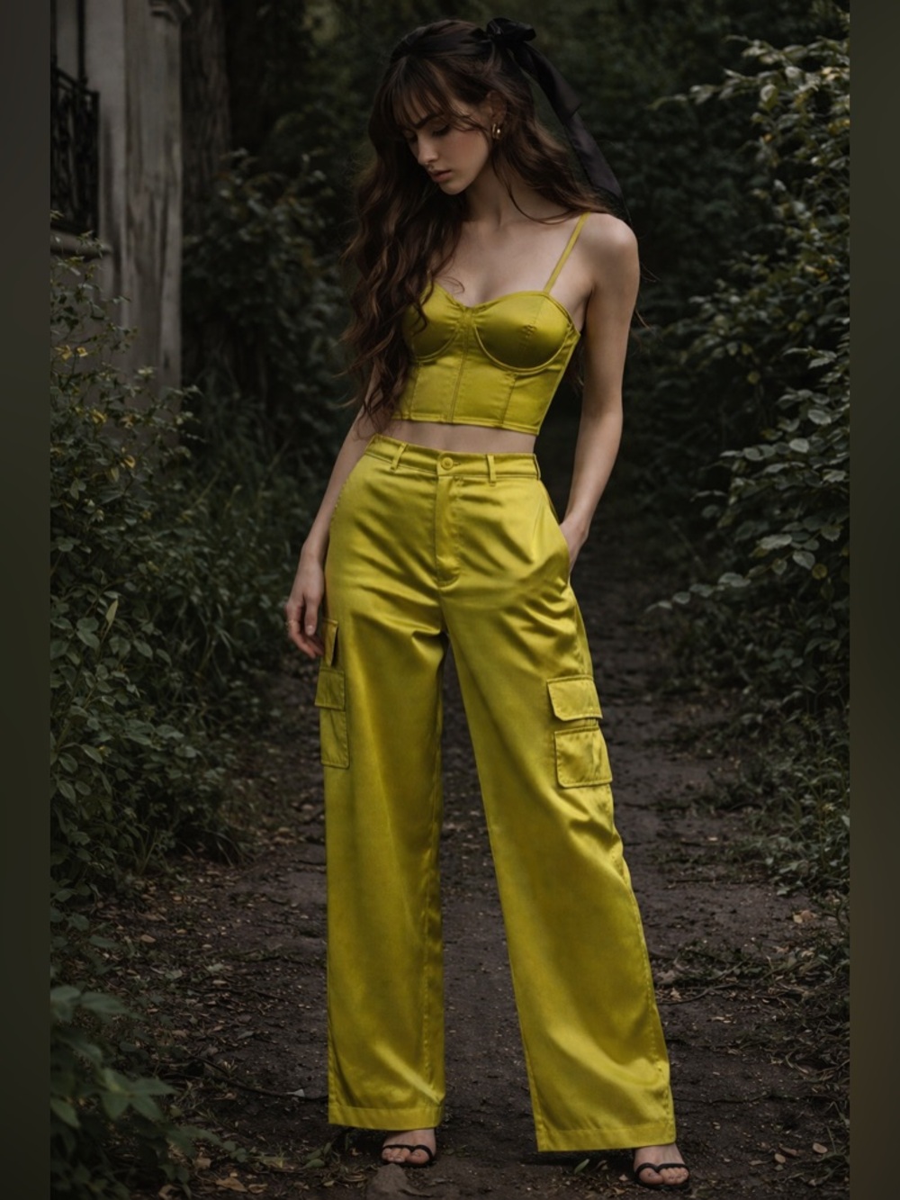 NWT Sincerely Jules Lime Satin Corset & Cargo Pants Set S